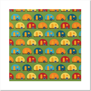 Caravans trailer RV campervan blue red yellow in a row. Green background. Fun vehicle pattern for boys Posters and Art